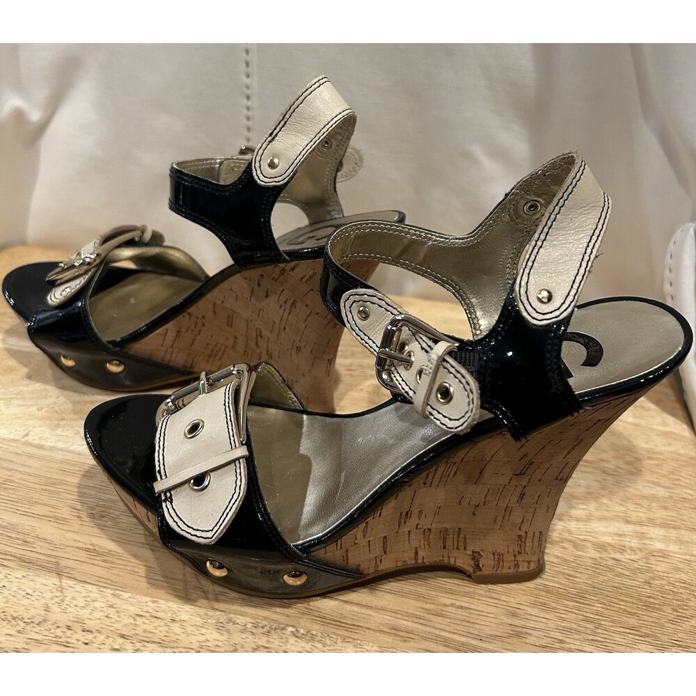 Guess Women’s Size 7 1/2 Black/Tan Cork Wedge Sandals